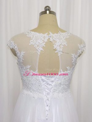 White Tulle Lace Up Wedding Gowns Sleeveless Floor Length Beading and Lace