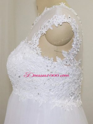 White Tulle Lace Up Wedding Gowns Sleeveless Floor Length Beading and Lace