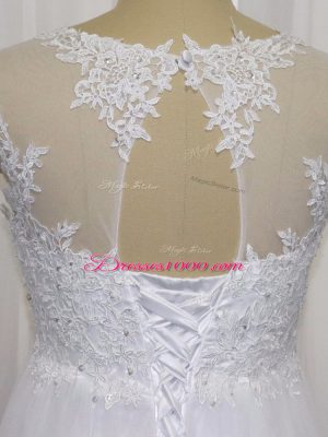 White Tulle Lace Up Wedding Gowns Sleeveless Floor Length Beading and Lace