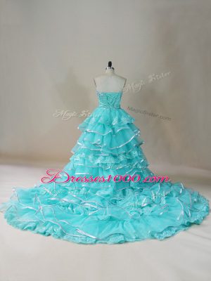 Smart Aqua Blue Sleeveless Beading and Lace and Ruffled Layers High Low Pageant Dress for Girls