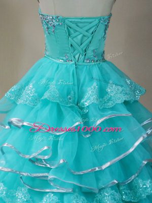 Smart Aqua Blue Sleeveless Beading and Lace and Ruffled Layers High Low Pageant Dress for Girls