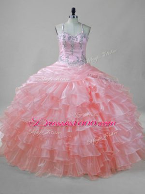Organza Halter Top Sleeveless Lace Up Beading and Ruffled Layers Quinceanera Gown in Pink