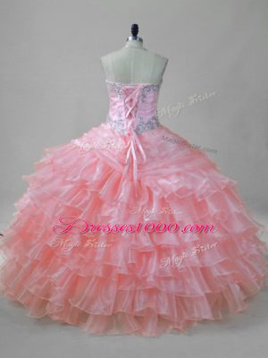 Organza Halter Top Sleeveless Lace Up Beading and Ruffled Layers Quinceanera Gown in Pink