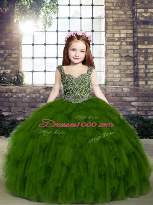 Olive Green Tulle Lace Up Little Girl Pageant Dress Sleeveless Floor Length Beading and Ruffles