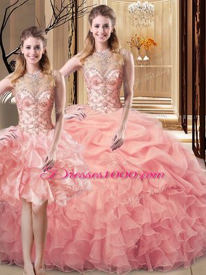 Three Pieces Quince Ball Gowns Peach Scoop Organza and Tulle Sleeveless Floor Length Lace Up