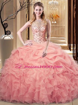 Three Pieces Quince Ball Gowns Peach Scoop Organza and Tulle Sleeveless Floor Length Lace Up