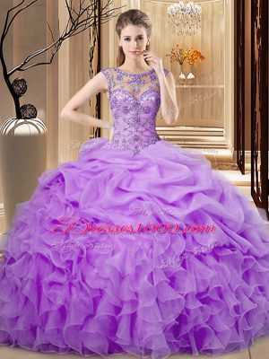 Discount Lavender Ball Gowns Beading and Ruffles and Pick Ups Sweet 16 Dress Lace Up Organza Sleeveless Floor Length