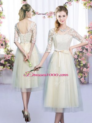 Half Sleeves Tea Length Lace and Bowknot Lace Up Wedding Guest Dresses with Champagne