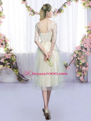 Half Sleeves Tea Length Lace and Bowknot Lace Up Wedding Guest Dresses with Champagne