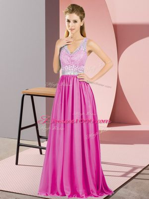 Popular Hot Pink Sleeveless Beading and Lace Criss Cross Evening Dress