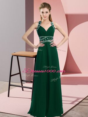 Glorious Dark Green Backless Prom Evening Gown Beading Sleeveless Floor Length
