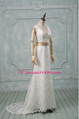 Dramatic Lace Sleeveless Wedding Dresses Brush Train and Beading and Lace and Belt