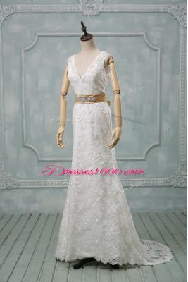 Dramatic Lace Sleeveless Wedding Dresses Brush Train and Beading and Lace and Belt