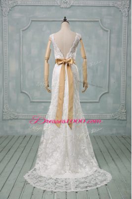 Dramatic Lace Sleeveless Wedding Dresses Brush Train and Beading and Lace and Belt