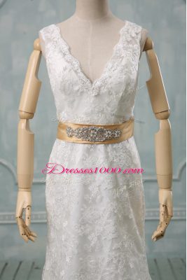 Dramatic Lace Sleeveless Wedding Dresses Brush Train and Beading and Lace and Belt