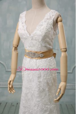 Dramatic Lace Sleeveless Wedding Dresses Brush Train and Beading and Lace and Belt