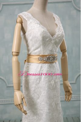 Dramatic Lace Sleeveless Wedding Dresses Brush Train and Beading and Lace and Belt