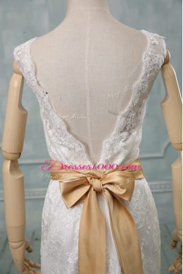 Dramatic Lace Sleeveless Wedding Dresses Brush Train and Beading and Lace and Belt