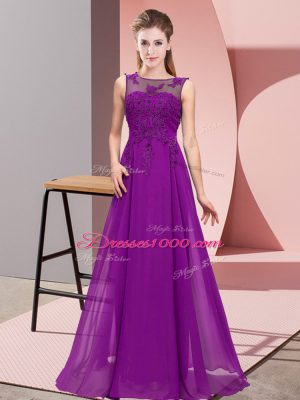 Purple Chiffon Zipper Scoop Sleeveless Floor Length Bridesmaid Gown Beading and Appliques
