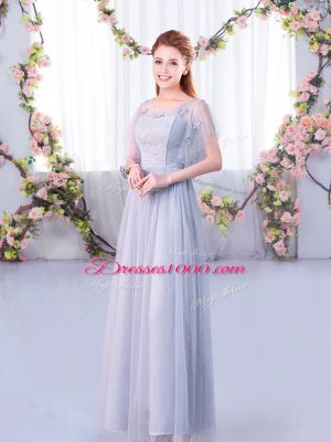 Most Popular Grey Side Zipper Scoop Lace and Belt Wedding Guest Dresses Tulle Short Sleeves