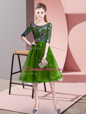 Nice Scoop Half Sleeves Lace Up Bridesmaid Gown Green Tulle