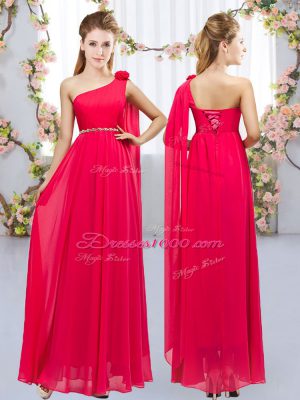 Fantastic Floor Length Red Bridesmaid Gown One Shoulder Sleeveless Lace Up