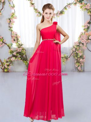 Fantastic Floor Length Red Bridesmaid Gown One Shoulder Sleeveless Lace Up