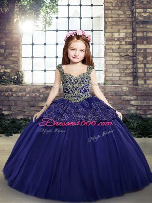 Straps Sleeveless Little Girls Pageant Dress Floor Length Beading and Appliques Purple Tulle
