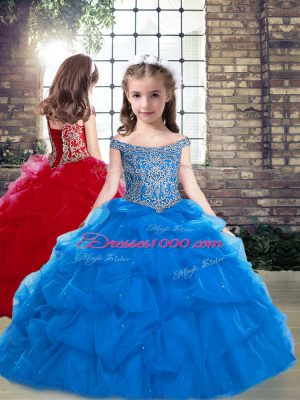 Elegant Blue Organza Lace Up Pageant Dresses Sleeveless Floor Length Beading