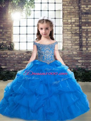 Elegant Blue Organza Lace Up Pageant Dresses Sleeveless Floor Length Beading