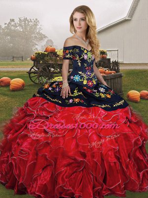 Deluxe Organza Off The Shoulder Sleeveless Lace Up Embroidery and Ruffles Vestidos de Quinceanera in Red And Black