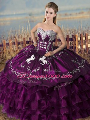 Exceptional Purple Satin and Organza Lace Up Sweetheart Sleeveless Floor Length Quinceanera Gowns Embroidery and Ruffles