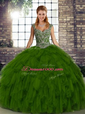 Dazzling Ball Gowns Quince Ball Gowns Olive Green Straps Organza Sleeveless Floor Length Lace Up