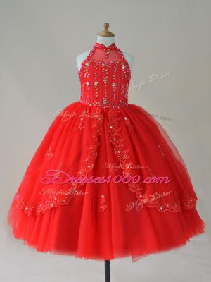 Nice Red Tulle Lace Up High-neck Sleeveless Floor Length Casual Dresses Beading and Appliques