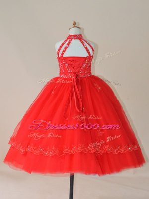 Nice Red Tulle Lace Up High-neck Sleeveless Floor Length Casual Dresses Beading and Appliques