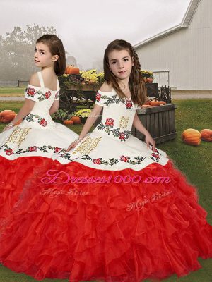 New Style Sleeveless Organza Floor Length Lace Up Sweet 16 Dresses in White And Red with Embroidery and Ruffles