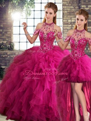 Fantastic Fuchsia Lace Up Sweet 16 Quinceanera Dress Beading and Ruffles Sleeveless Floor Length