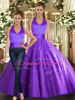 Purple Tulle Lace Up Quinceanera Gowns Sleeveless Floor Length Beading
