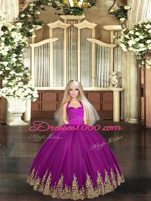 Glorious Halter Top Sleeveless Lace Up Quinceanera Gowns Fuchsia Tulle