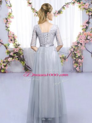 Grey Scoop Lace Up Lace and Belt Court Dresses for Sweet 16 Half Sleeves