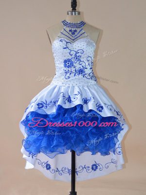Luxurious Royal Blue Sleeveless Embroidery and Ruffles High Low Prom Gown