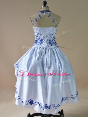 Luxurious Royal Blue Sleeveless Embroidery and Ruffles High Low Prom Gown