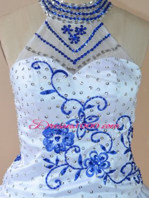 Luxurious Royal Blue Sleeveless Embroidery and Ruffles High Low Prom Gown