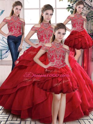 Great Red Sleeveless Beading and Ruffles Floor Length Quinceanera Dress