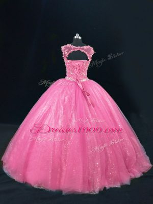 Glittering Sleeveless Tulle Floor Length Lace Up Quinceanera Gowns in Hot Pink with Beading and Lace and Sequins