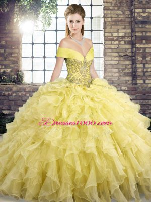 Yellow Organza Lace Up Sweet 16 Quinceanera Dress Sleeveless Brush Train Beading and Ruffles