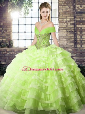 Popular Sleeveless Brush Train Beading and Ruffled Layers Lace Up Quinceanera Dresses