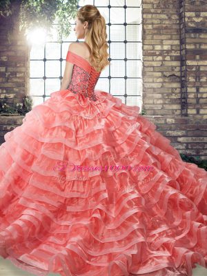 Popular Sleeveless Brush Train Beading and Ruffled Layers Lace Up Quinceanera Dresses