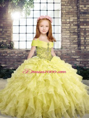 Organza Straps Sleeveless Lace Up Beading and Ruffles Kids Pageant Dress in Yellow