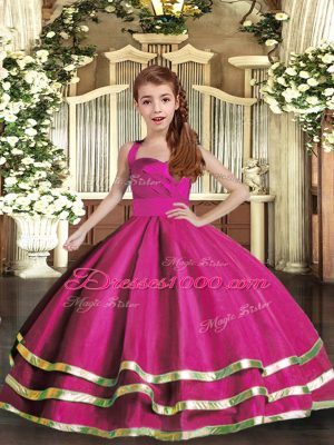 Great Sleeveless Floor Length Ruffled Layers and Ruching Lace Up Kids Formal Wear with Fuchsia